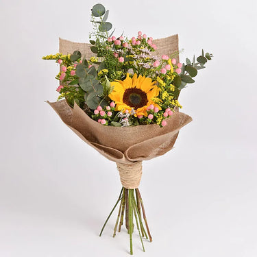 Ravishing Sunflower & Hypericum Bouquet, Natural Beauty,hypericum filler,pittosporum filler,pink limonium